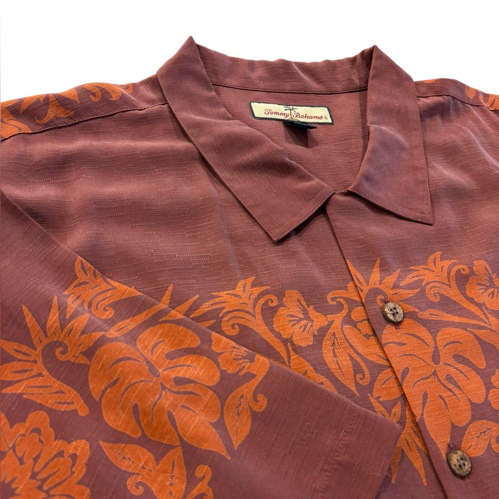 Tommy Bahama Mens XXL Rust Red Tropical Hawaiian Textured Silk Button Down Shirt